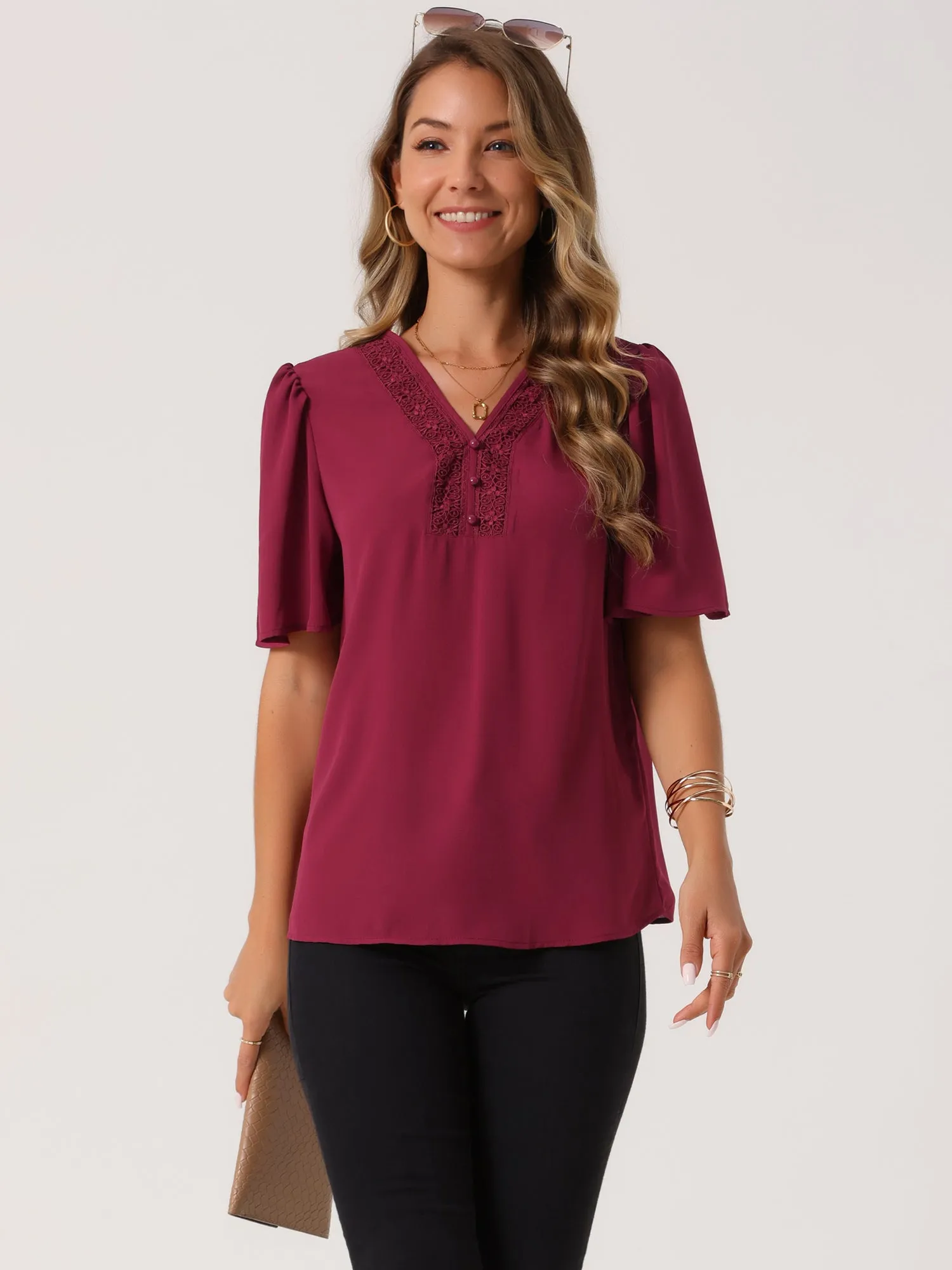 Women's Dressy Chiffon Blouses V Neck Casual Tops Summer Short Sleeve Tunic Shirts