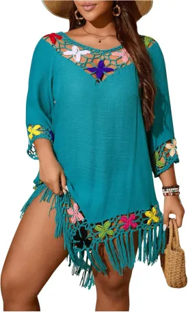 Women's Plus Size Boho Hollow Out Cover Up 3/4 Sleeve Floral Fringe Beach Dress Tassel Swimsuit Coverups Beachwear