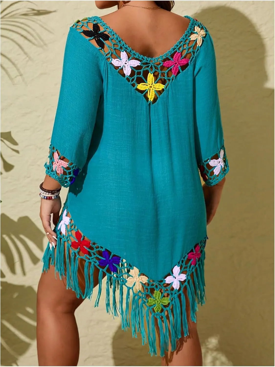 Women's Plus Size Boho Hollow Out Cover Up 3/4 Sleeve Floral Fringe Beach Dress Tassel Swimsuit Coverups Beachwear