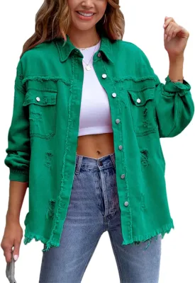 Womens Ripped Distressed Denim Jacket Tops Oversized Casual Long Sleeve Basic Jean Jacket Coats