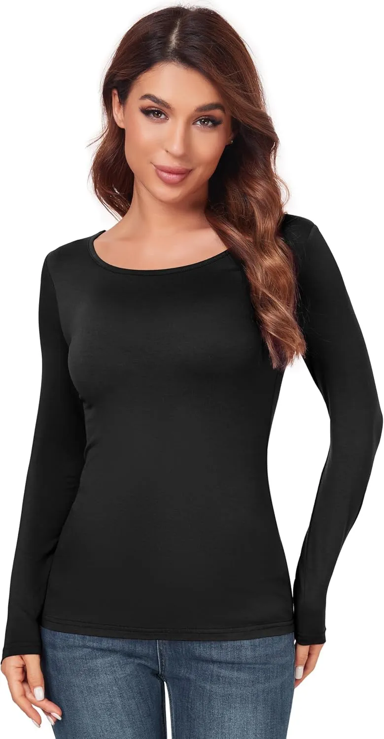 Women's Scoop Neck Tops Long Sleeve Slim Fit T Shirt Thermal Blouse Basic Layer Shirts