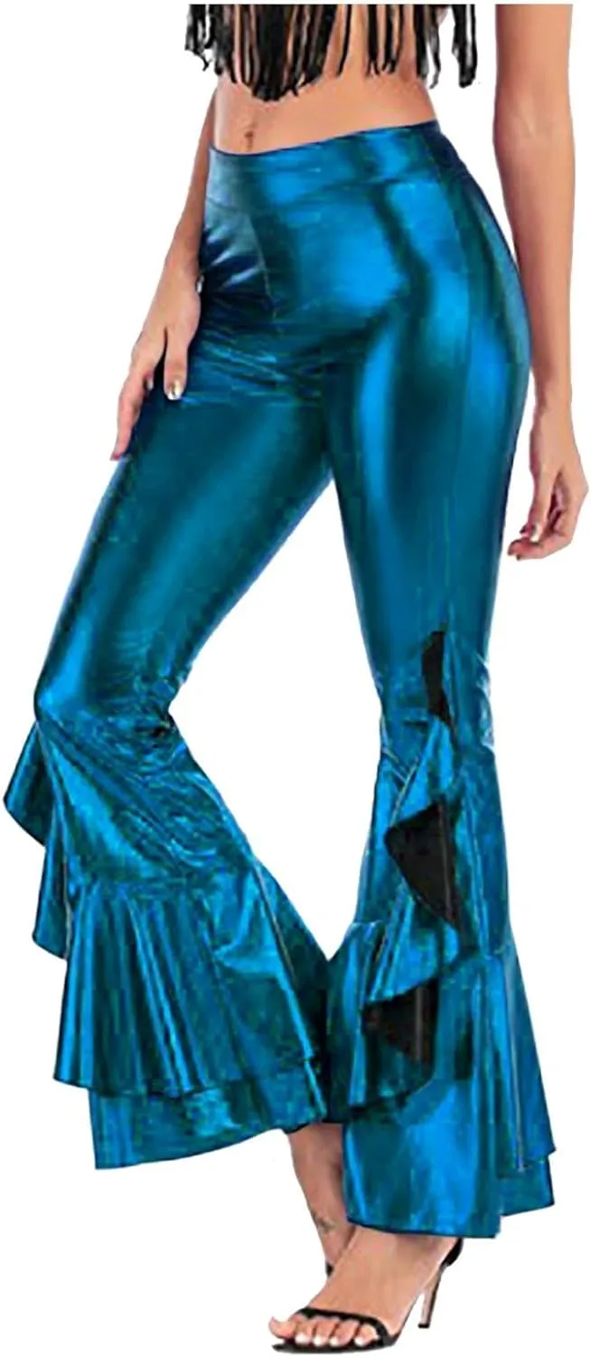 Women's Shiny Metallic Leggings Dressy 70s Vintage High Waisted Bell Bottom Ruffle Flare Dance Palazzo Casual Pants