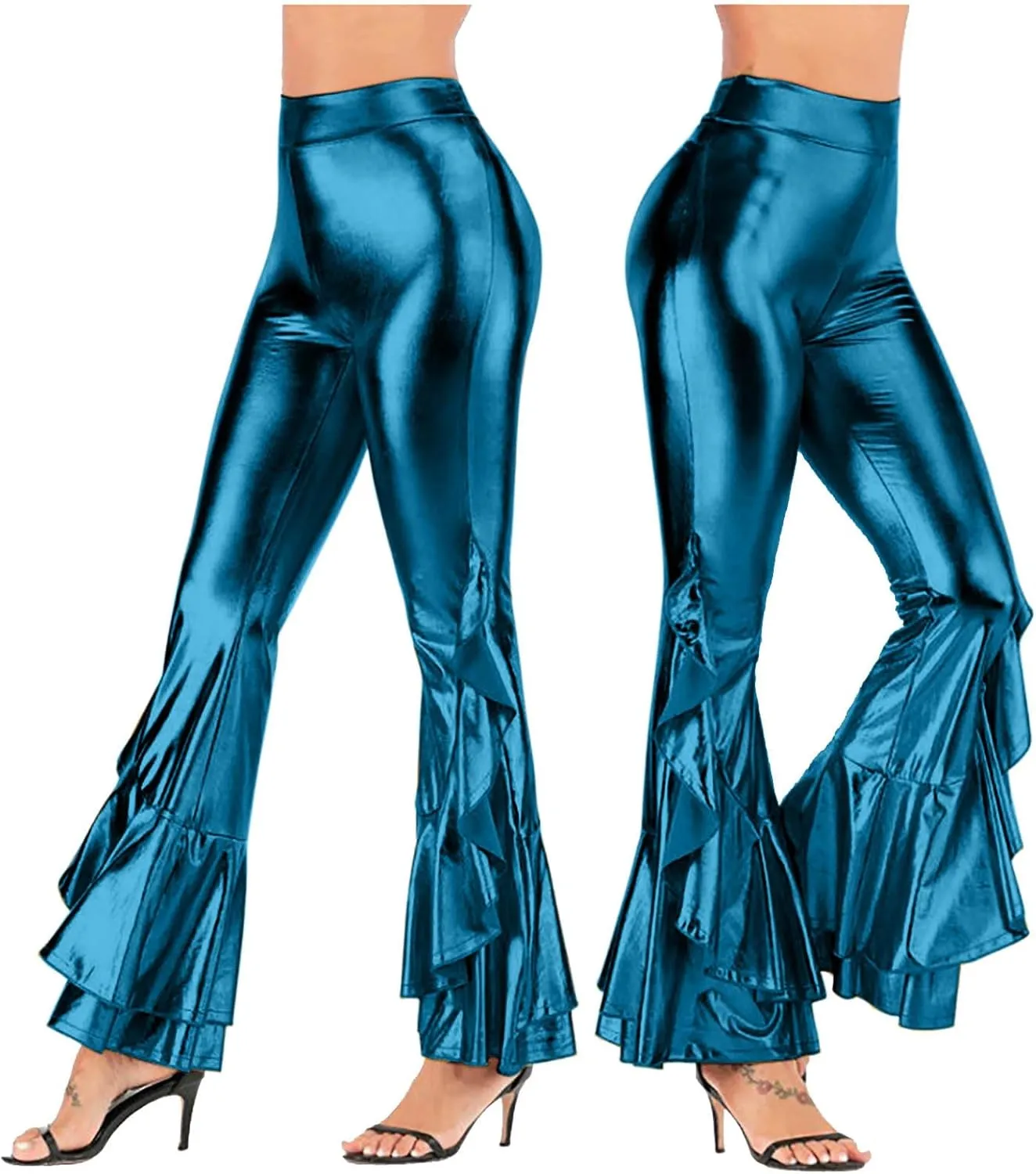 Women's Shiny Metallic Leggings Dressy 70s Vintage High Waisted Bell Bottom Ruffle Flare Dance Palazzo Casual Pants