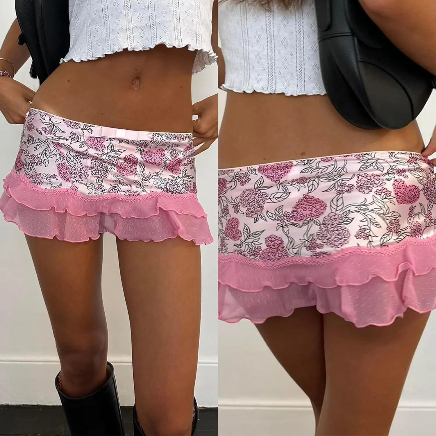 Womens Y2K Lace Mini Skirt Low Rise Pleated Ruffle Half Slip Skirt Mesh Floral Layered Short Mini Skirts Underskirt