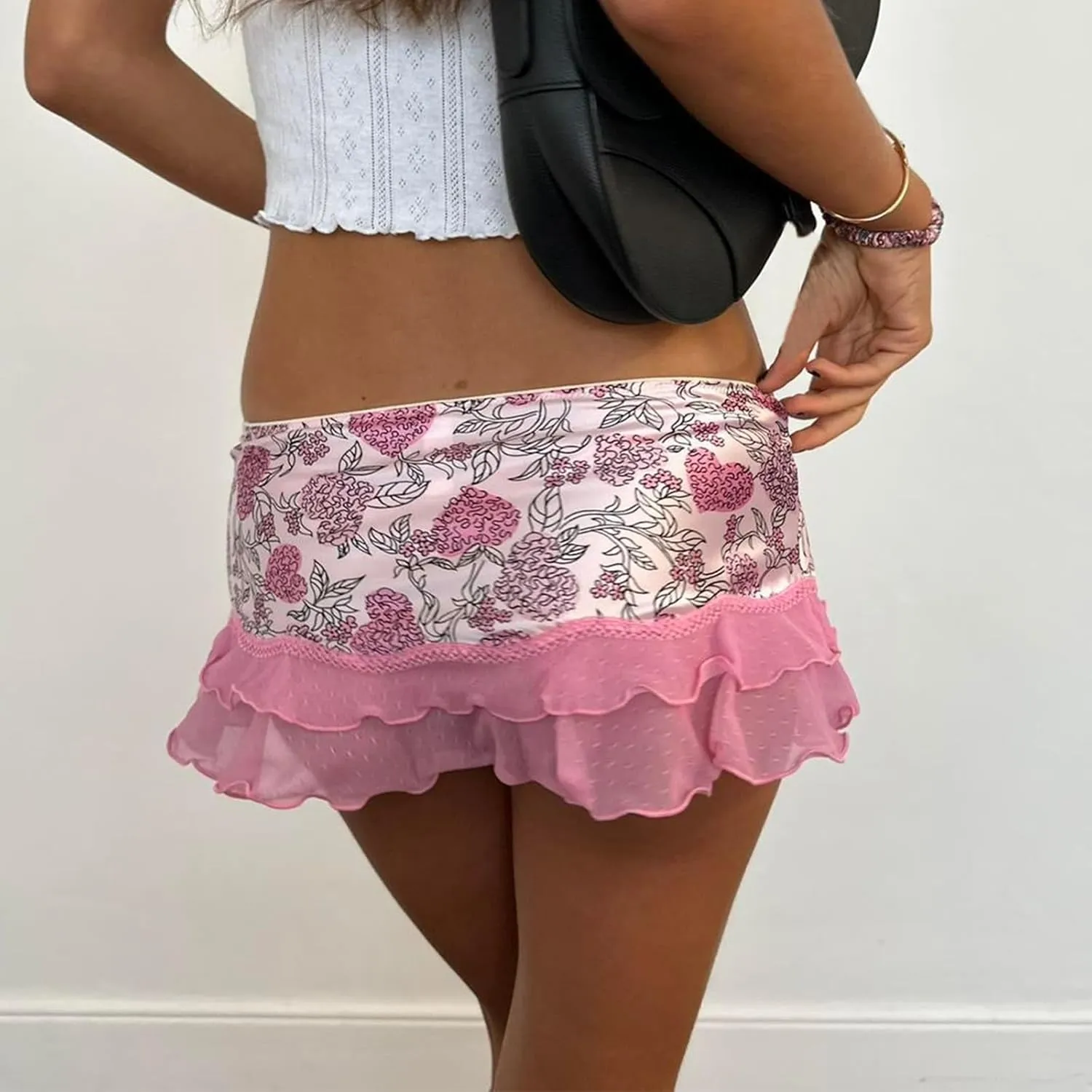 Womens Y2K Lace Mini Skirt Low Rise Pleated Ruffle Half Slip Skirt Mesh Floral Layered Short Mini Skirts Underskirt