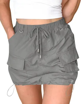 ZAFUL Women's Cargo Skirt Y2k High Waisted Mini Skirts Sexy Trendy Side Drawstring Pencil Bodycon Short Skirts with Pockets