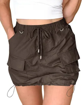 ZAFUL Women's Cargo Skirt Y2k High Waisted Mini Skirts Sexy Trendy Side Drawstring Pencil Bodycon Short Skirts with Pockets