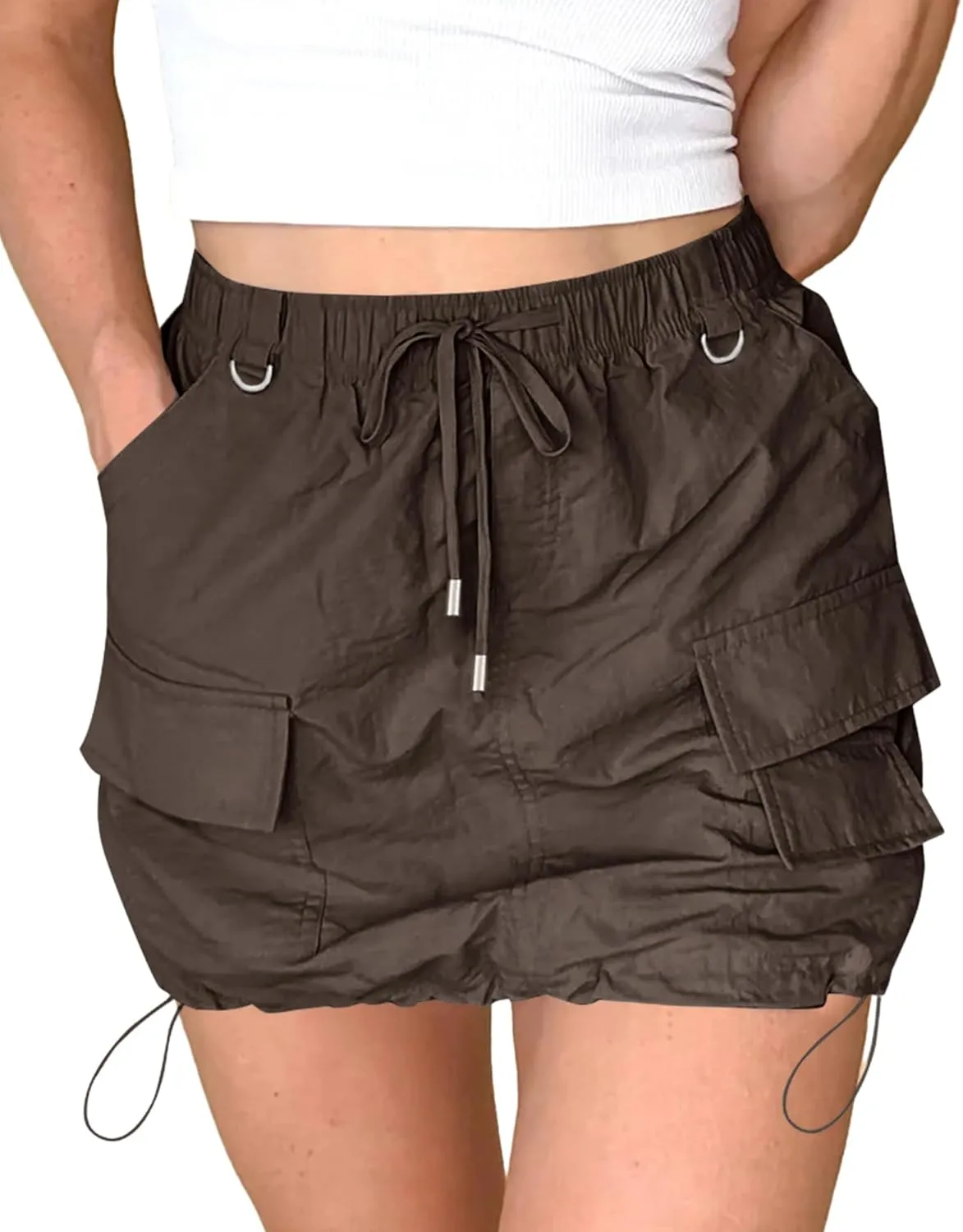 ZAFUL Women's Cargo Skirt Y2k High Waisted Mini Skirts Sexy Trendy Side Drawstring Pencil Bodycon Short Skirts with Pockets