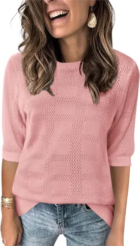 Zeagoo Womens Loose Short Sleeve Tunic Tops Lightweight Crew Neck Crochet Knit Pullover Sweater Blouses