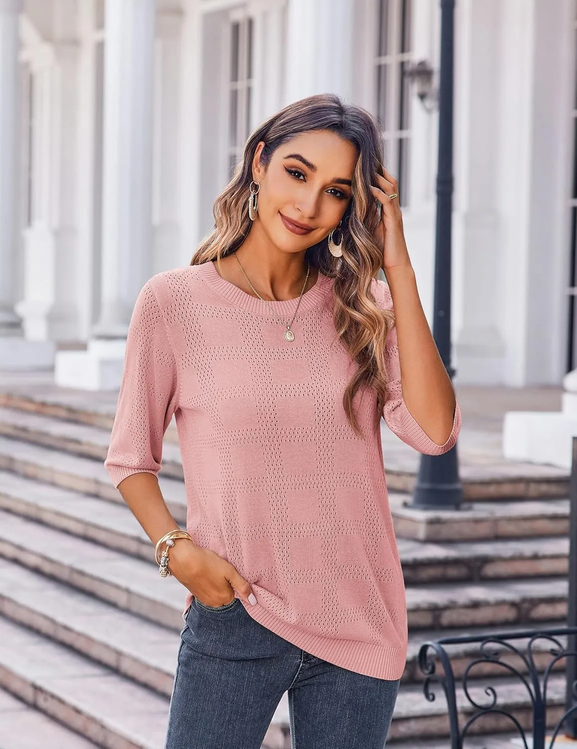 Zeagoo Womens Loose Short Sleeve Tunic Tops Lightweight Crew Neck Crochet Knit Pullover Sweater Blouses