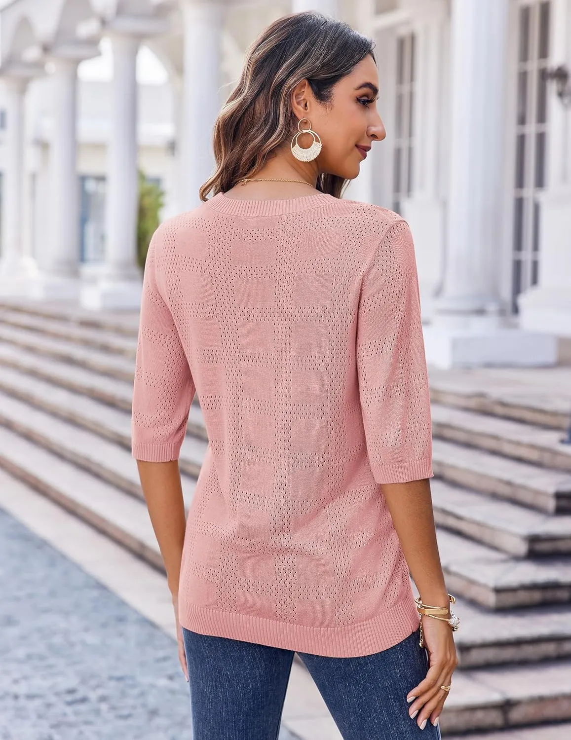 Zeagoo Womens Loose Short Sleeve Tunic Tops Lightweight Crew Neck Crochet Knit Pullover Sweater Blouses