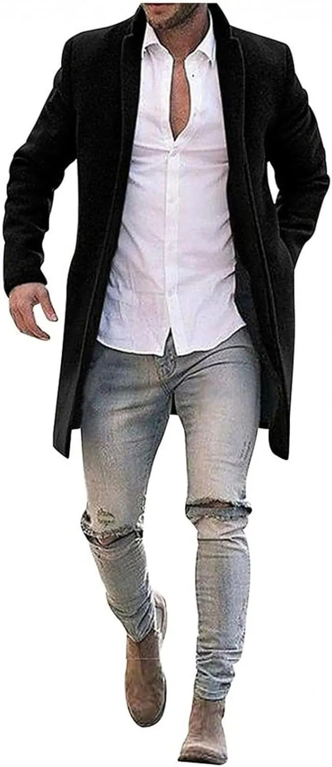 ZWRXW Woolen Trench Coat for Men Notched Lapel Double Breasted Slim Fit Winter Warm Overcoat Blazer Business Pea Jacket