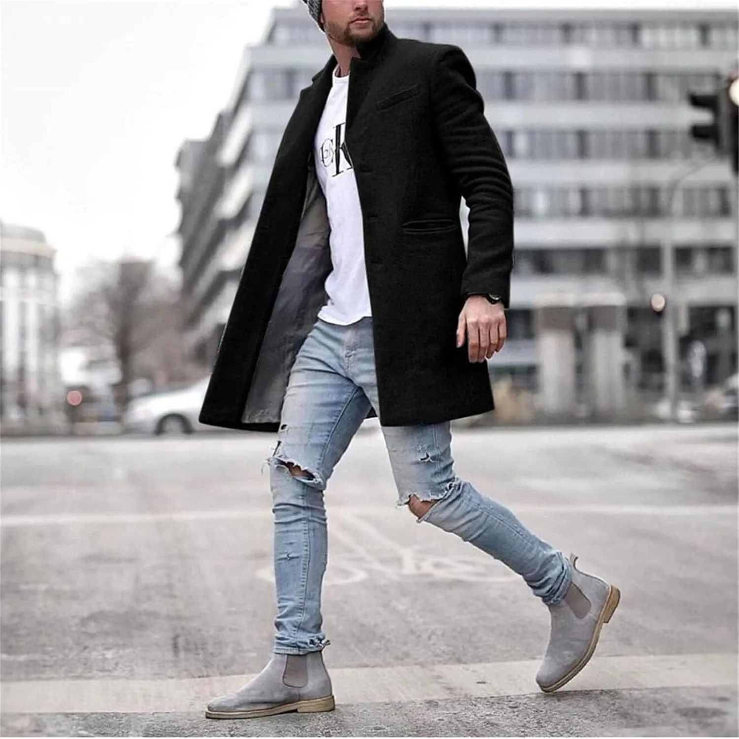 ZWRXW Woolen Trench Coat for Men Notched Lapel Double Breasted Slim Fit Winter Warm Overcoat Blazer Business Pea Jacket